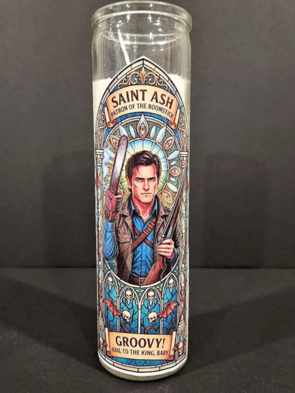 Saint Ash Williams Evil Dead Parody Prayer Candle - Groovy Horror Geek Gift